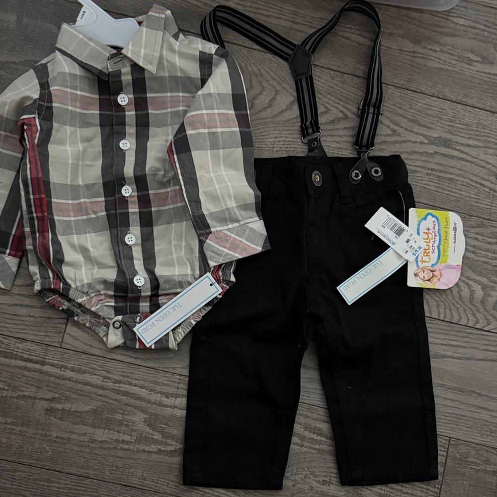 NWT Plaid Baby Bodysuit with Black Pants and Suspenders